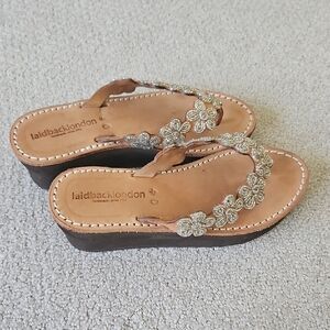Laidback London Women's Gold Floral Beaded Wedge Sandals